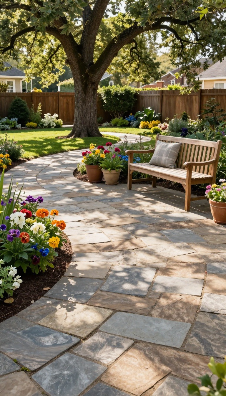 Curved flagstone patio winding around a tree with seating area