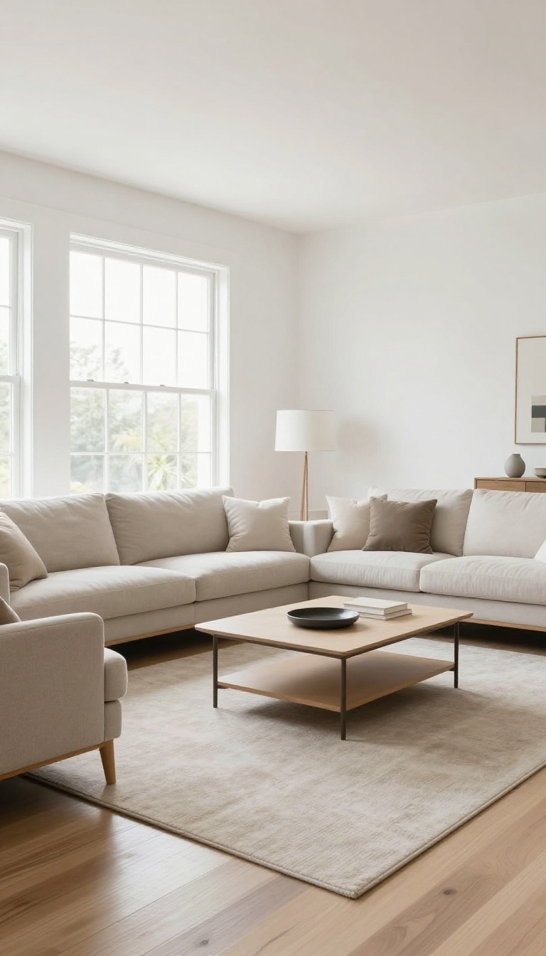 A living room with a large area rug under a sofa and coffee table, creating a grounded, polished look.