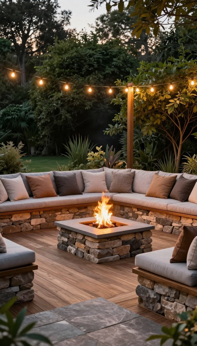 Deck and patio combo with outdoor fireplace and seating wall, cozy evening ambiance