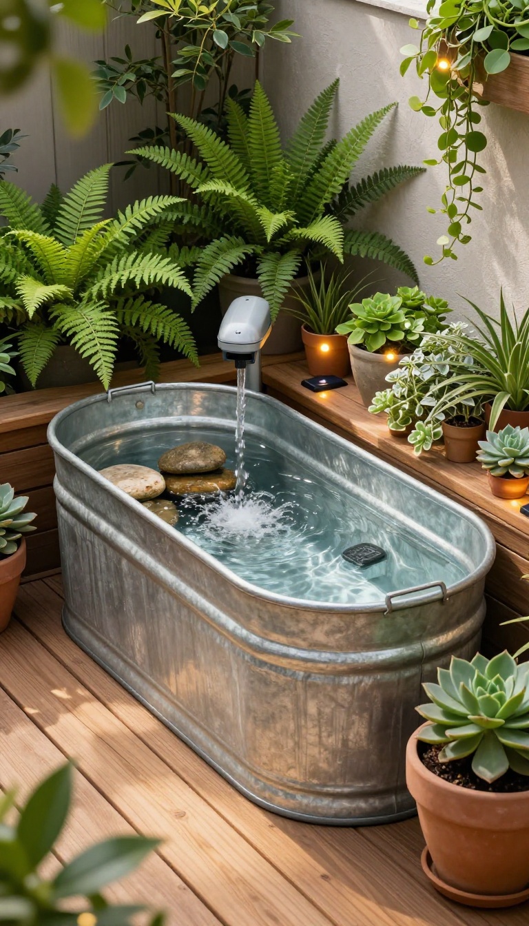 A DIY water feature on a patio made from a galvanized tub with bubbling water, surrounded by potted plants and solar lights.