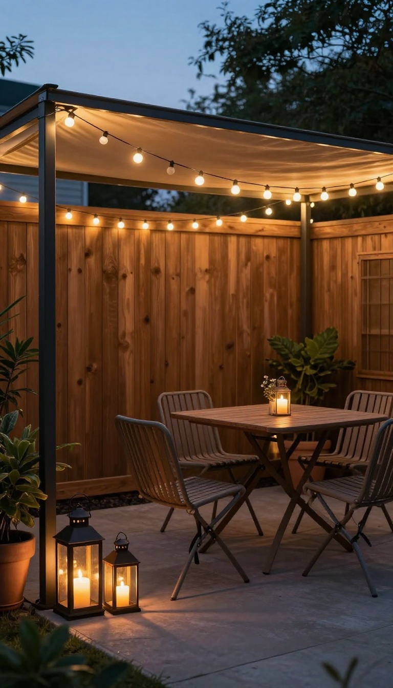 Cozy patio corner with string lights and lanterns at dusk