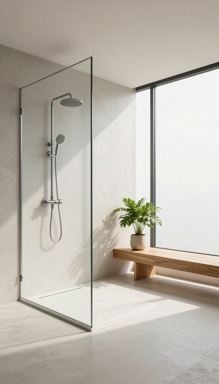 Modern bathroom with a curbless walk-in shower, seamless tile transition, rainfall showerhead, and natural light.