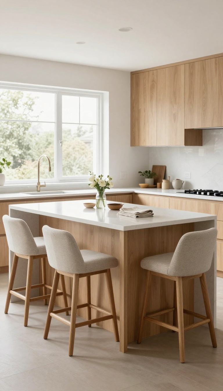 Kitchen island with overhang and comfortable stools for casual dining