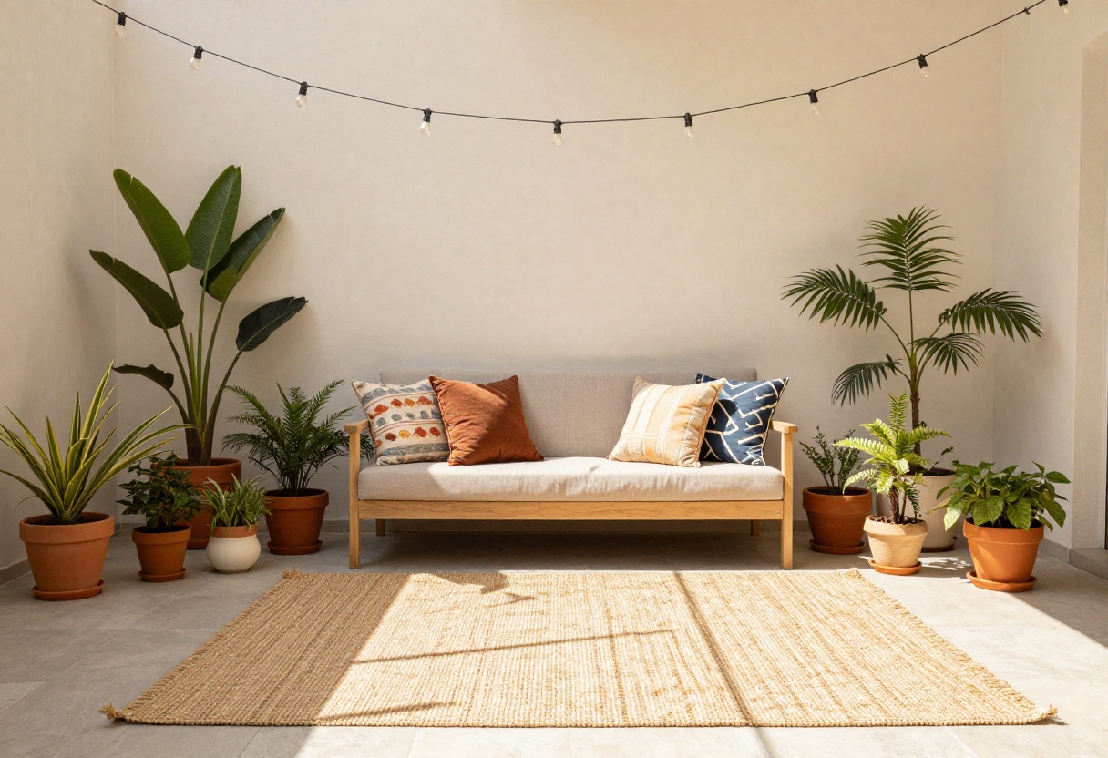 Budget-friendly patio decorated with string lights, outdoor rug, and potted plants