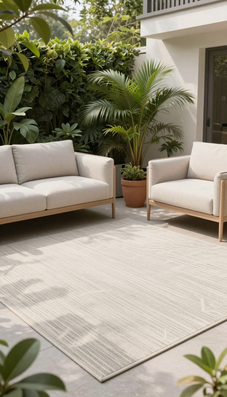Small patio with a neutral geometric outdoor rug defining a cozy seating area surrounded by plants