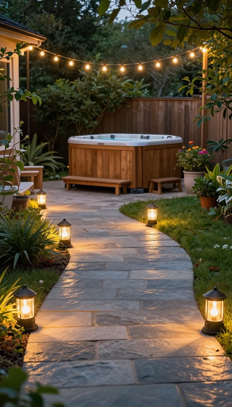 Solar-powered path lights illuminating a stone walkway to a hot tub in a cozy backyard at dusk