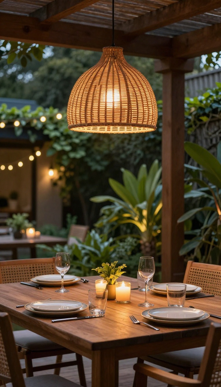 Outdoor dining table under a warm pendant light on a patio at dusk