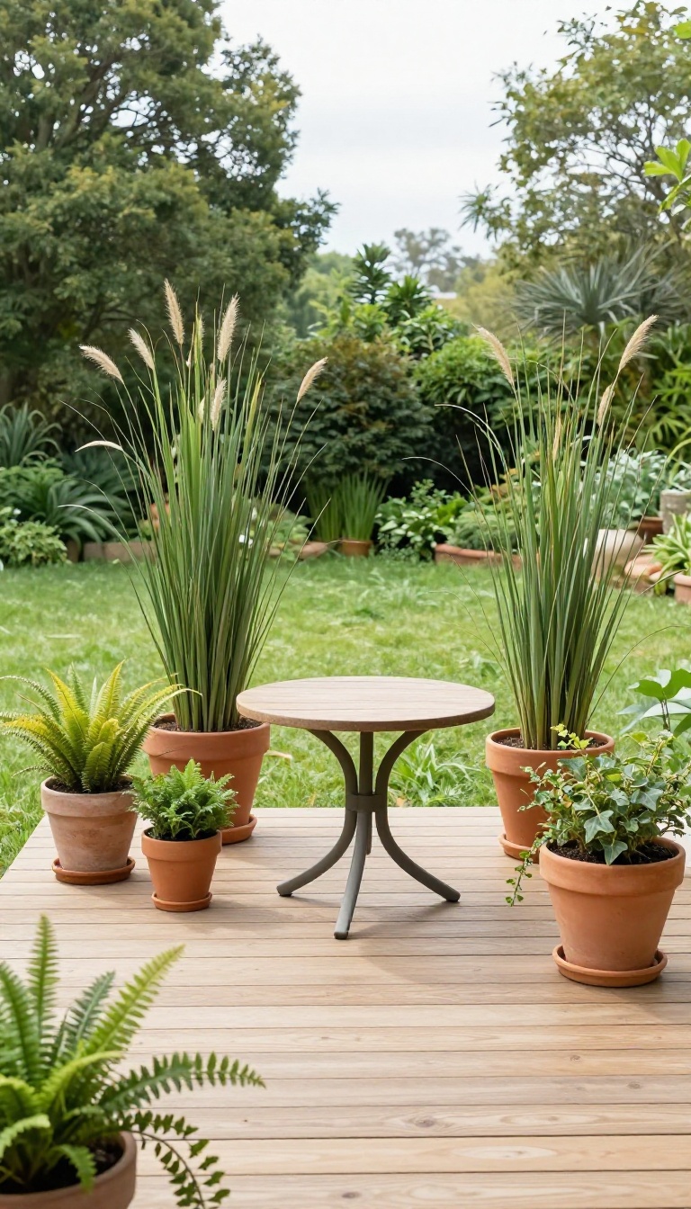 Small patio framed by potted plants with varying heights and textures, creating a natural border that opens up the space to the surrounding garden.