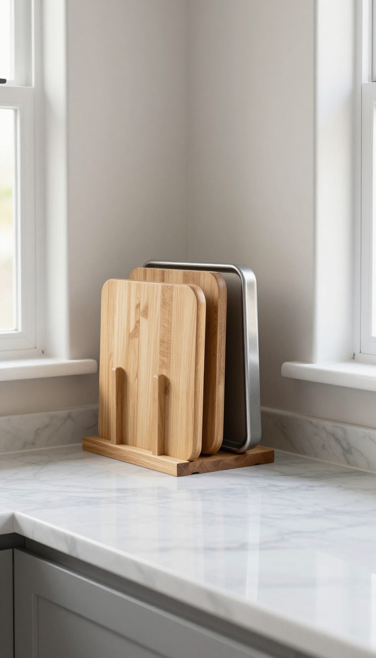 A wooden magazine holder on a kitchen counter holding cutting boards and trays upright for easy access