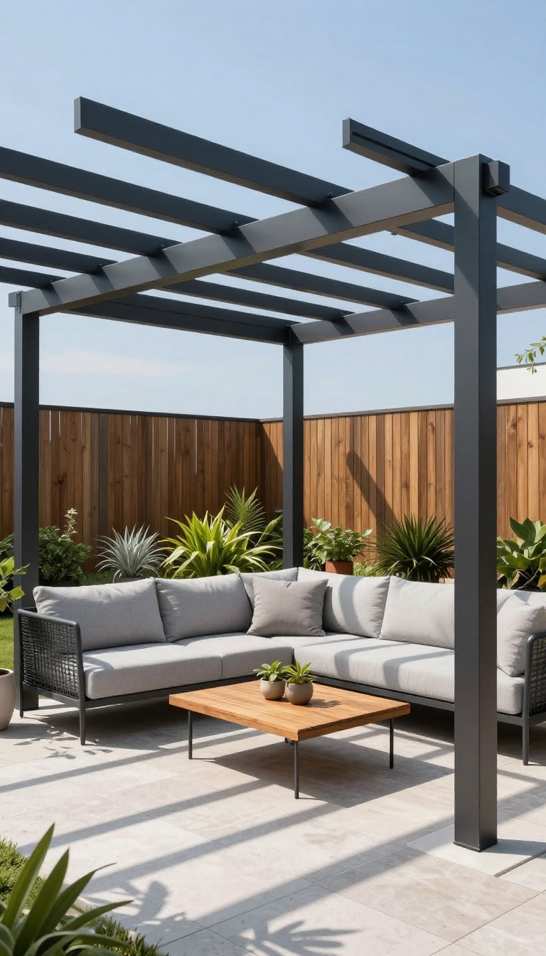 Modern aluminum pergola with adjustable louvers over a stylish patio seating area, with dappled sunlight and a clear blue sky.