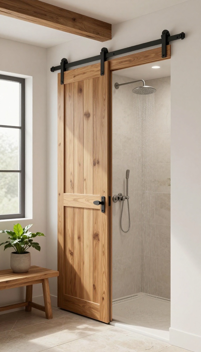 Modern bathroom with a sliding teak barn door enclosing the shower, open layout with natural light