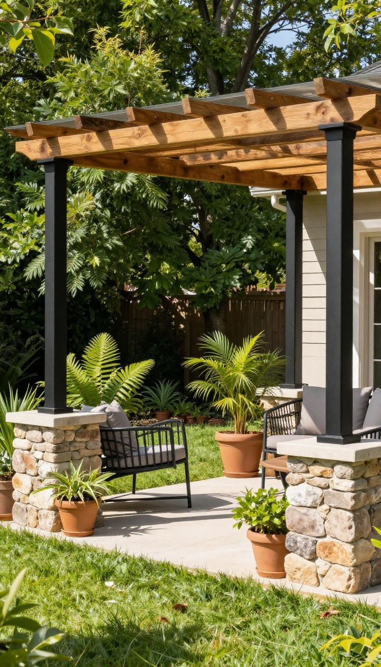 A patio pergola with black metal posts, wooden beams, and stone corner pillars in a sunlit backyard