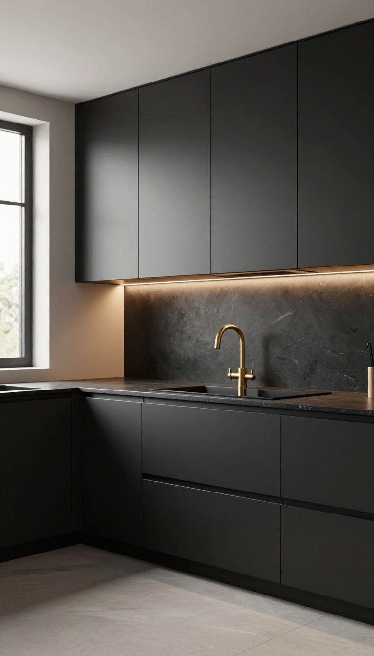 Under-cabinet lighting with gold fixtures illuminating black kitchen cabinets