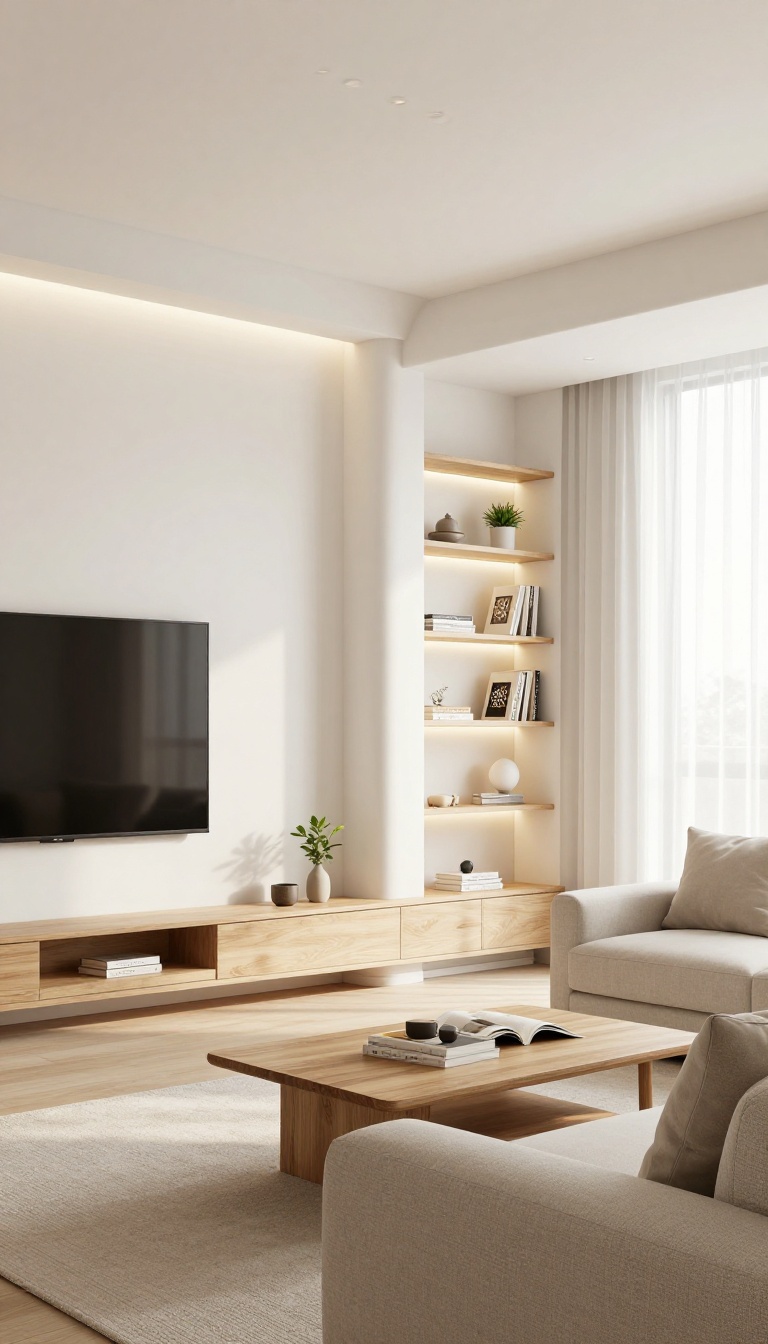 Modern living room with a built-in wall unit featuring integrated LED lighting and a TV, styled with shelves and decor, in bright natural light.