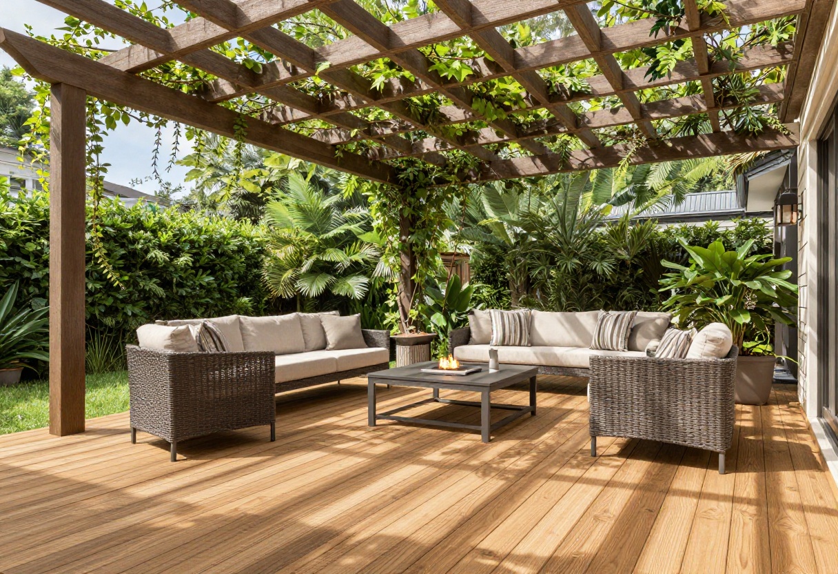 Spacious patio extension with pergola, outdoor furniture, and fire pit in a sunny backyard