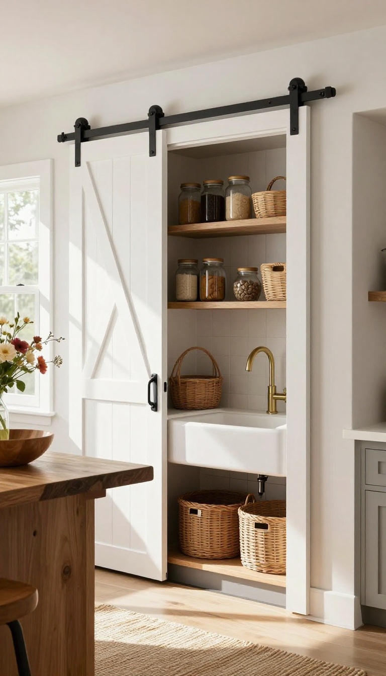Modern farmhouse kitchen with a sliding barn door pantry, white shiplap door, black hardware, organized shelves inside, bright natural light.