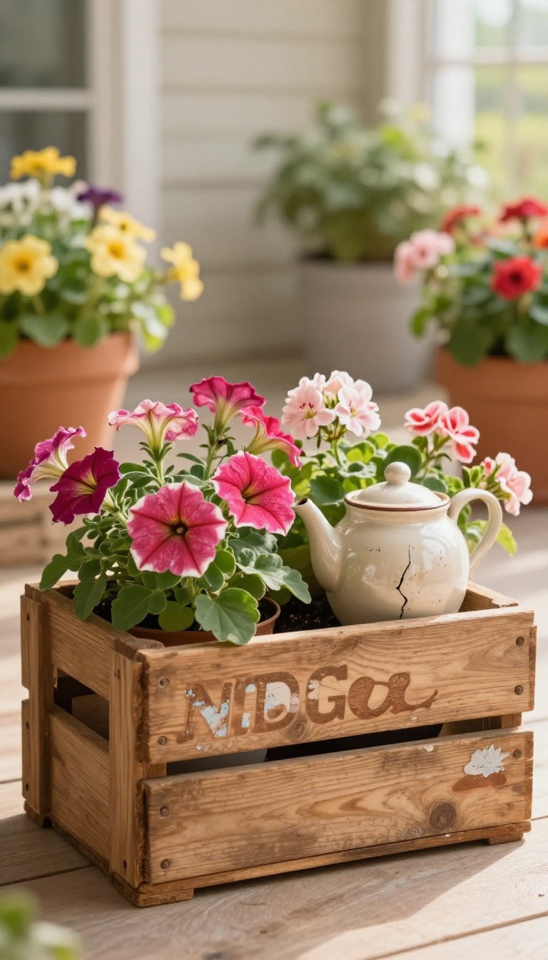 Repurposed wooden crate and teapot planters with colorful flowers on a sunny patio