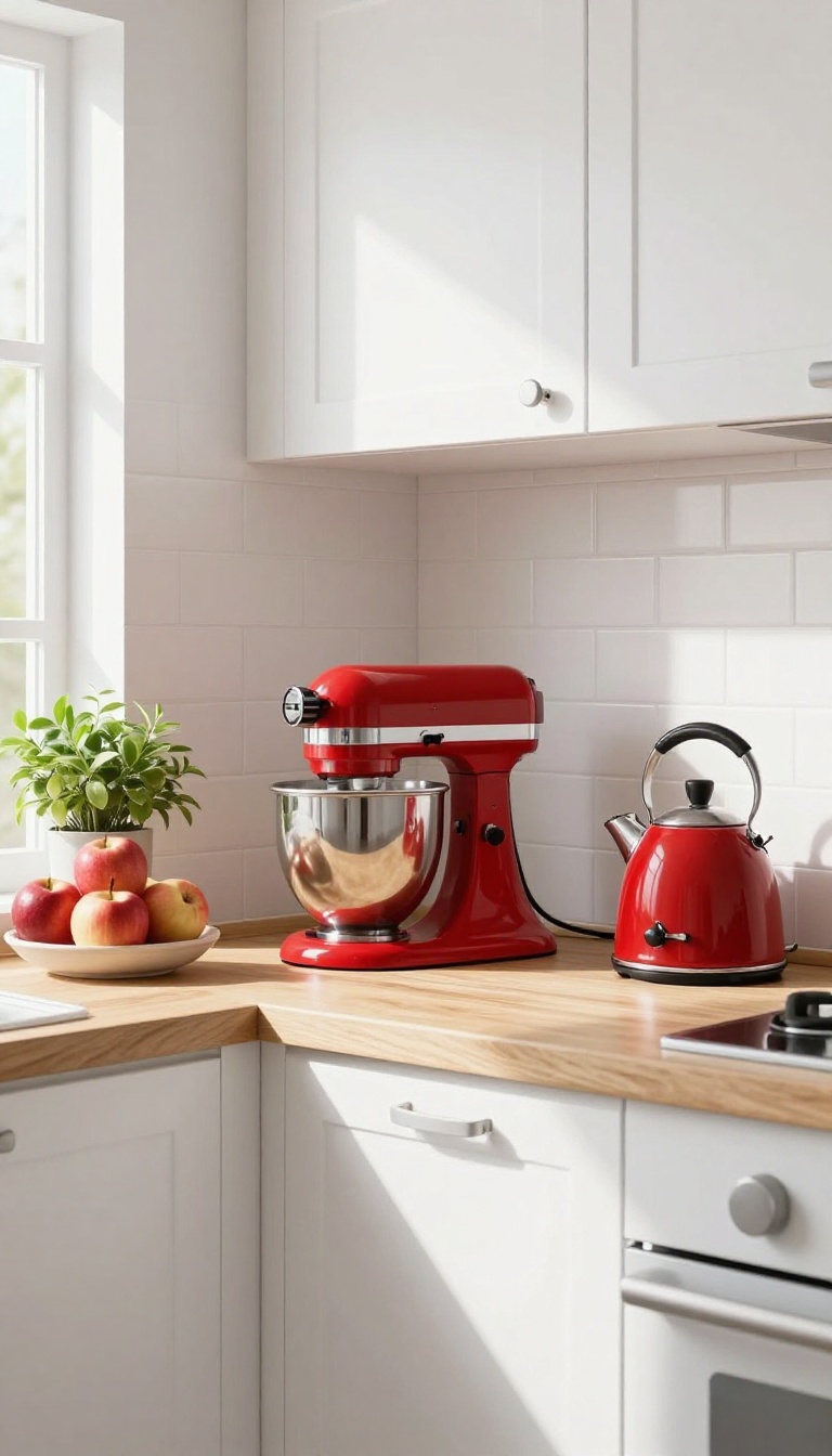 Red stand mixer, toaster, and kettle on a white kitchen countertop with wood accents