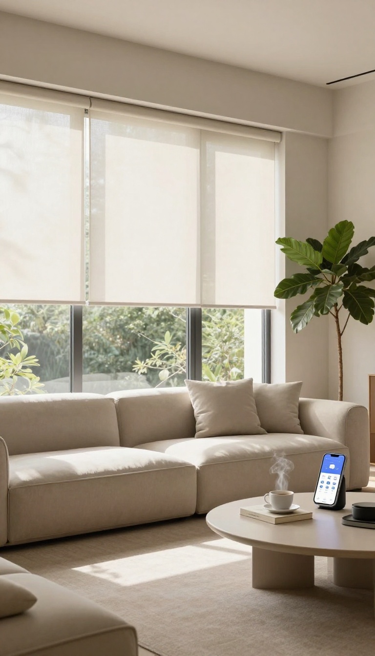 Living room with motorized blinds controlled by smartphone and smart speaker