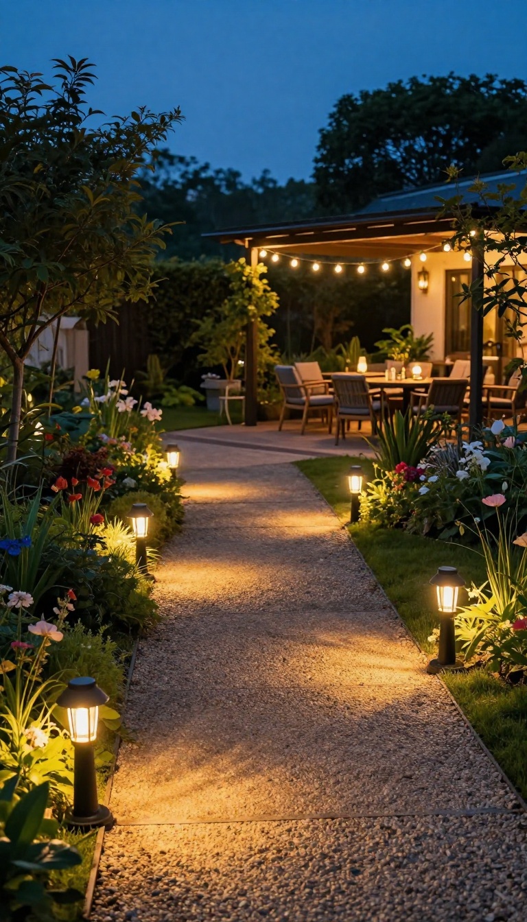 Solar path lights lining a garden walkway at dusk, guiding the way to a warmly lit patio.