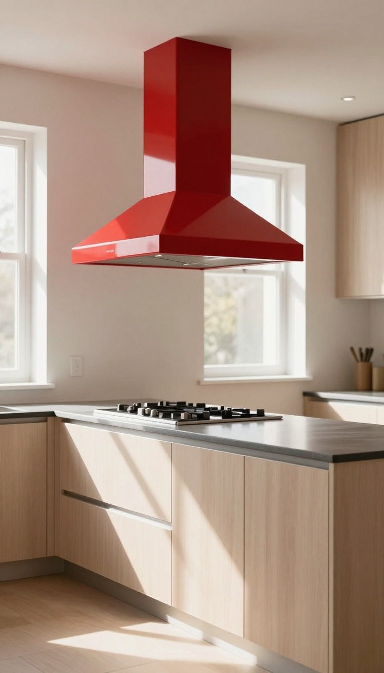 Red range hood as a focal point in a bright kitchen with white cabinets and stainless steel appliances.