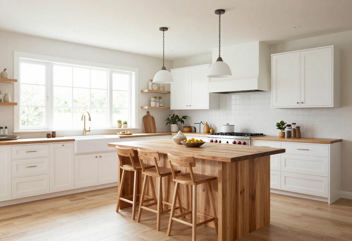 Modern farmhouse kitchen with butcher block island and open shelving