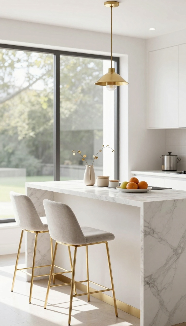 Marble-topped breakfast bar with gold accents in a bright kitchen