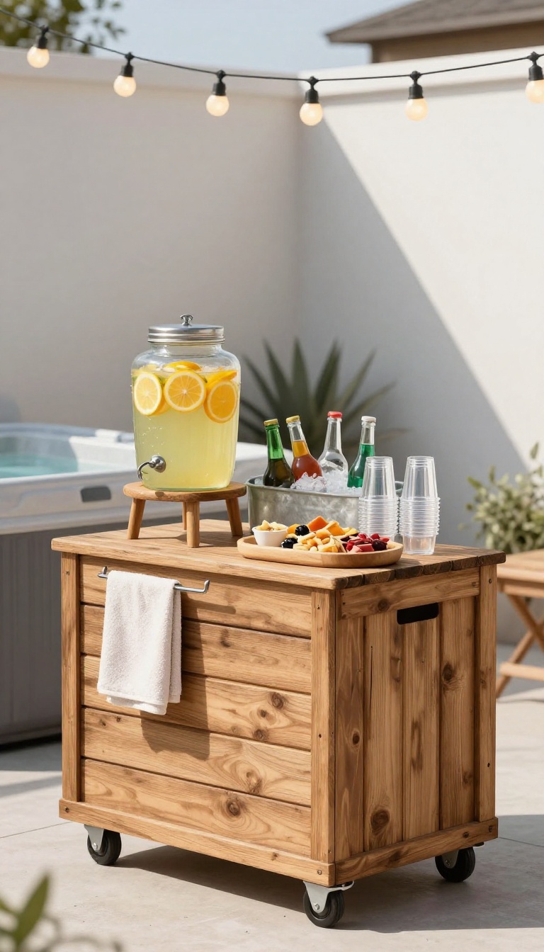 A DIY beverage station on a patio near a hot tub, with a drink dispenser, ice bucket, cups, and snacks, styled with fairy lights.