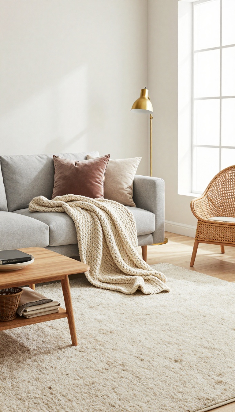 Cozy modern living room with layered textures, wooden and rattan furniture, and soft lighting.