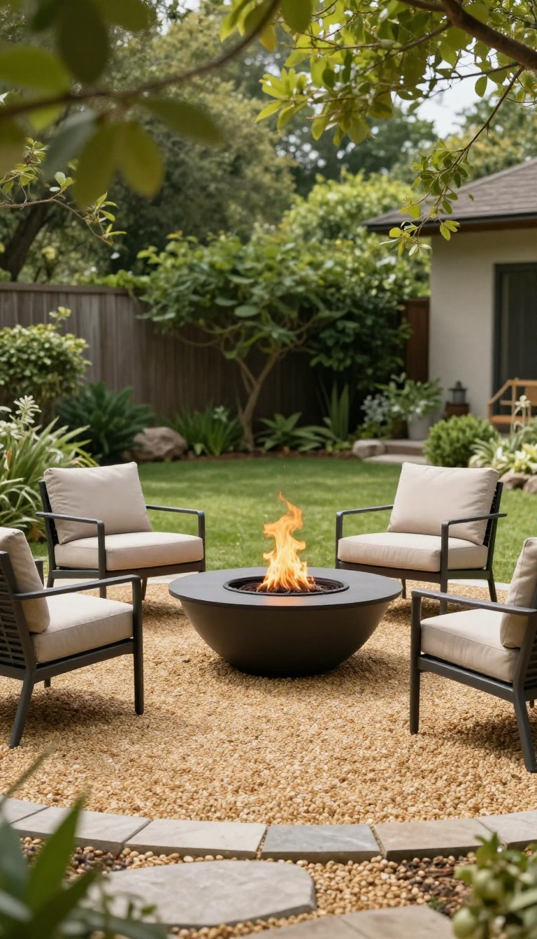 A circular gravel patio with a fire pit and chairs in a sunny backyard.