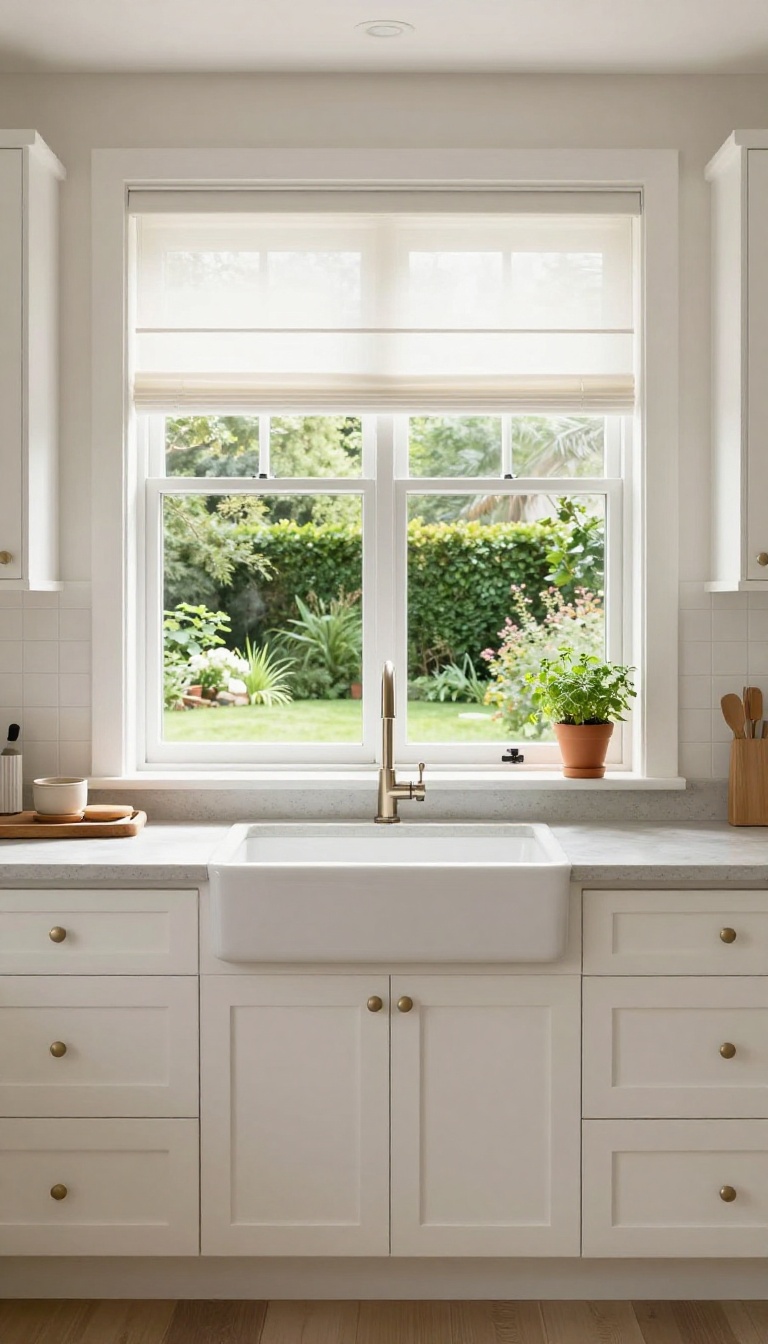 Modern kitchen with white faux wood blinds above the sink, letting in natural light and overlooking a garden.