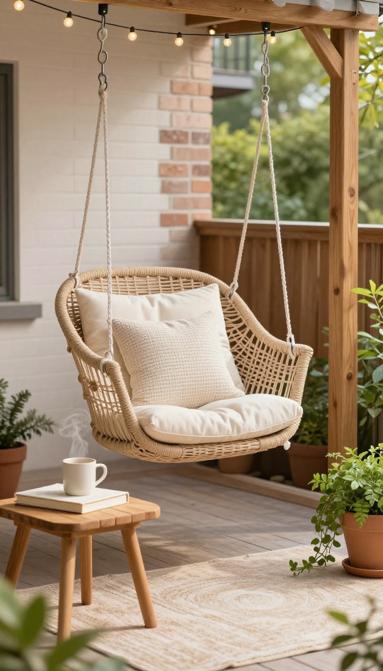 Cozy patio with a hammock chair, side table, plants, and fairy lights in a small space