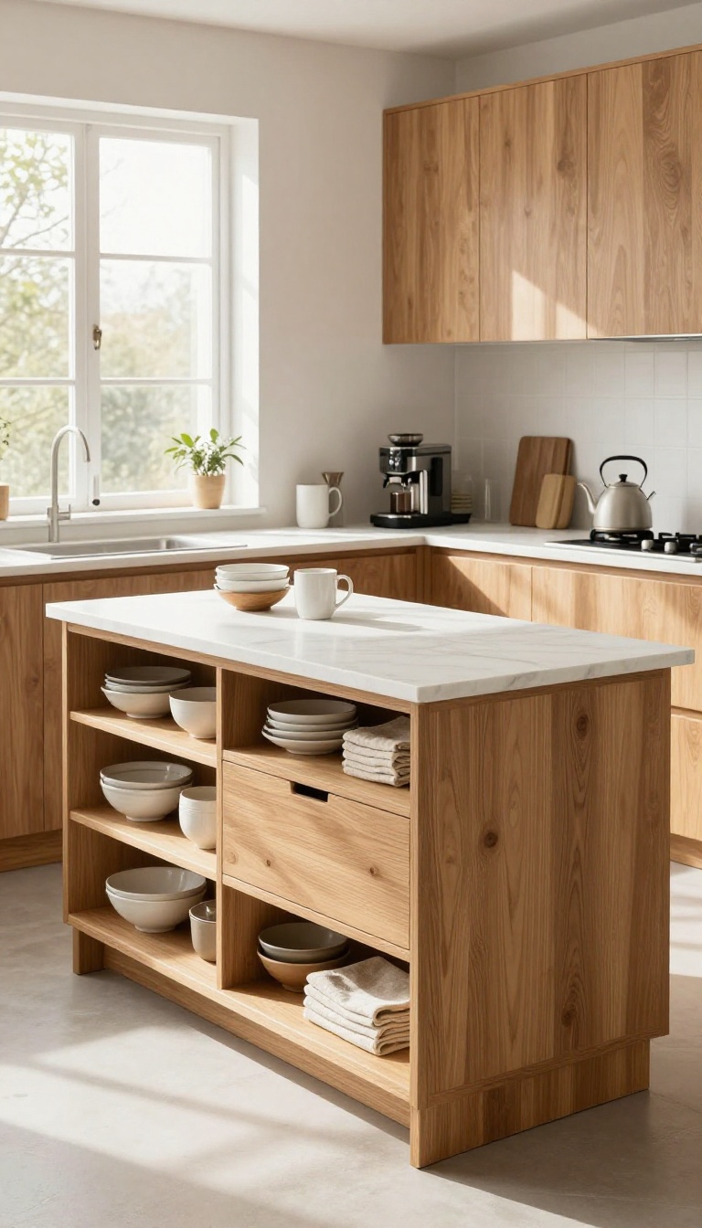 Kitchen island with sideboard extension providing extra counter space and storage