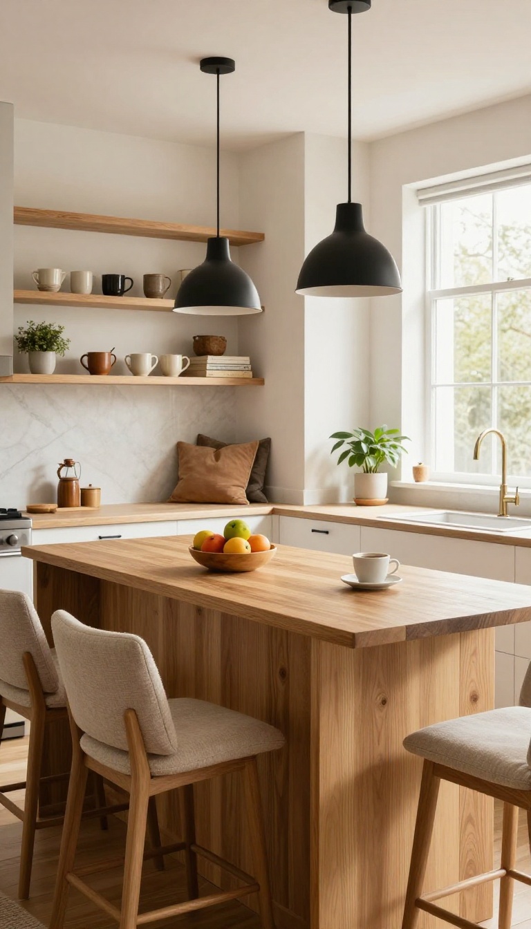 L-shaped corner breakfast bar with cushioned seating, pendant lights, and open shelving in a bright kitchen.