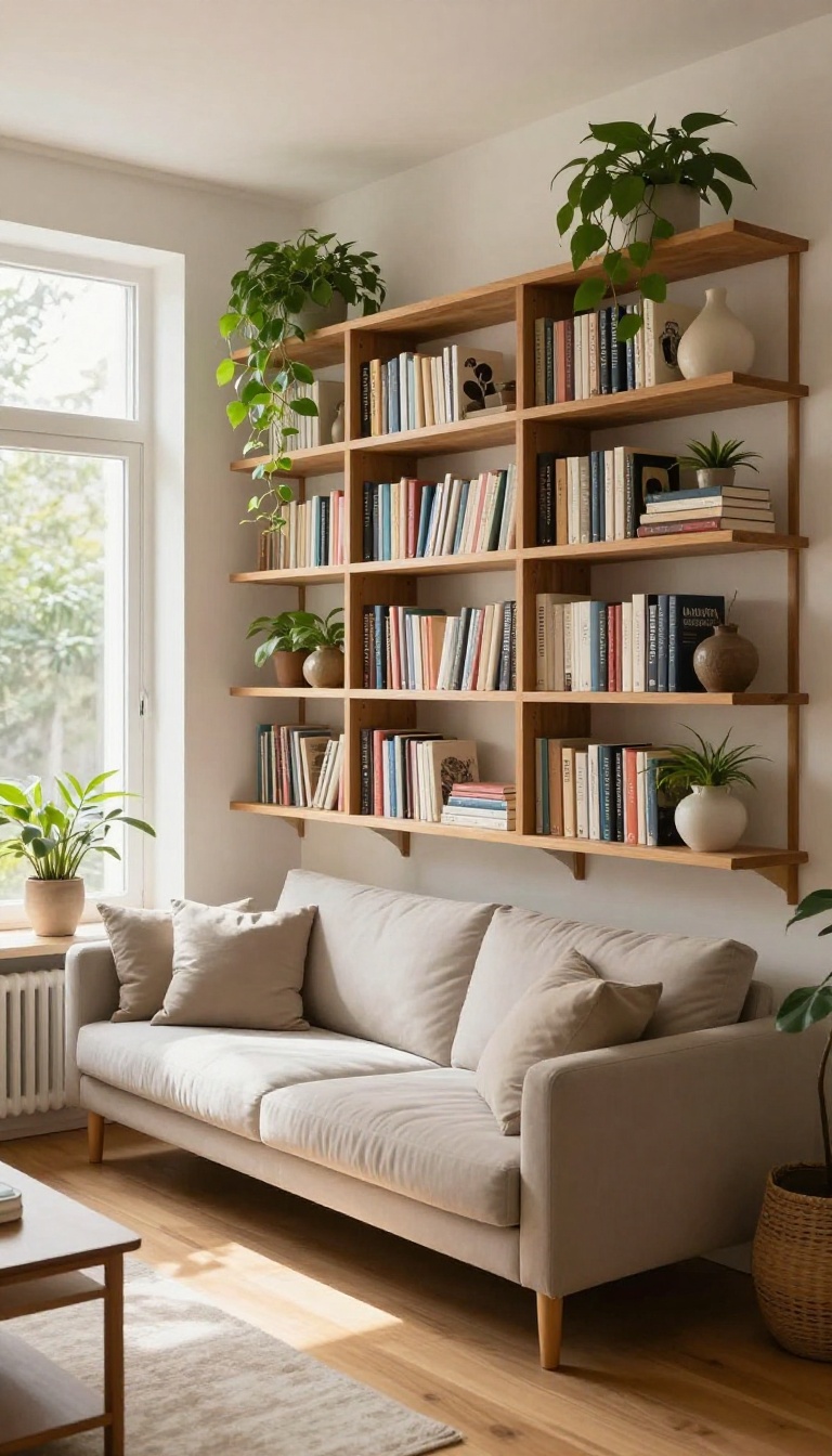 Small living room with tall open shelving units on either side of a window, styled with books and plants, creating vertical storage and a sense of height.