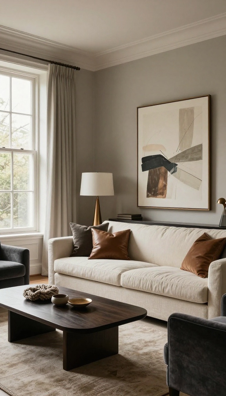 Modern luxury living room with rich neutral color palette, featuring warm greige walls, cream linen sofa, charcoal velvet armchair, espresso coffee table, and layered textures in natural light.