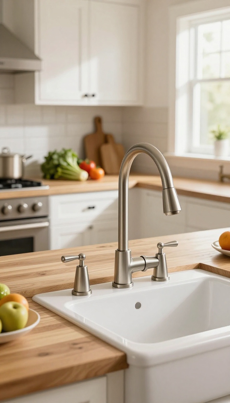 Classic bridge faucet with two handles on a farmhouse sink in a bright kitchen