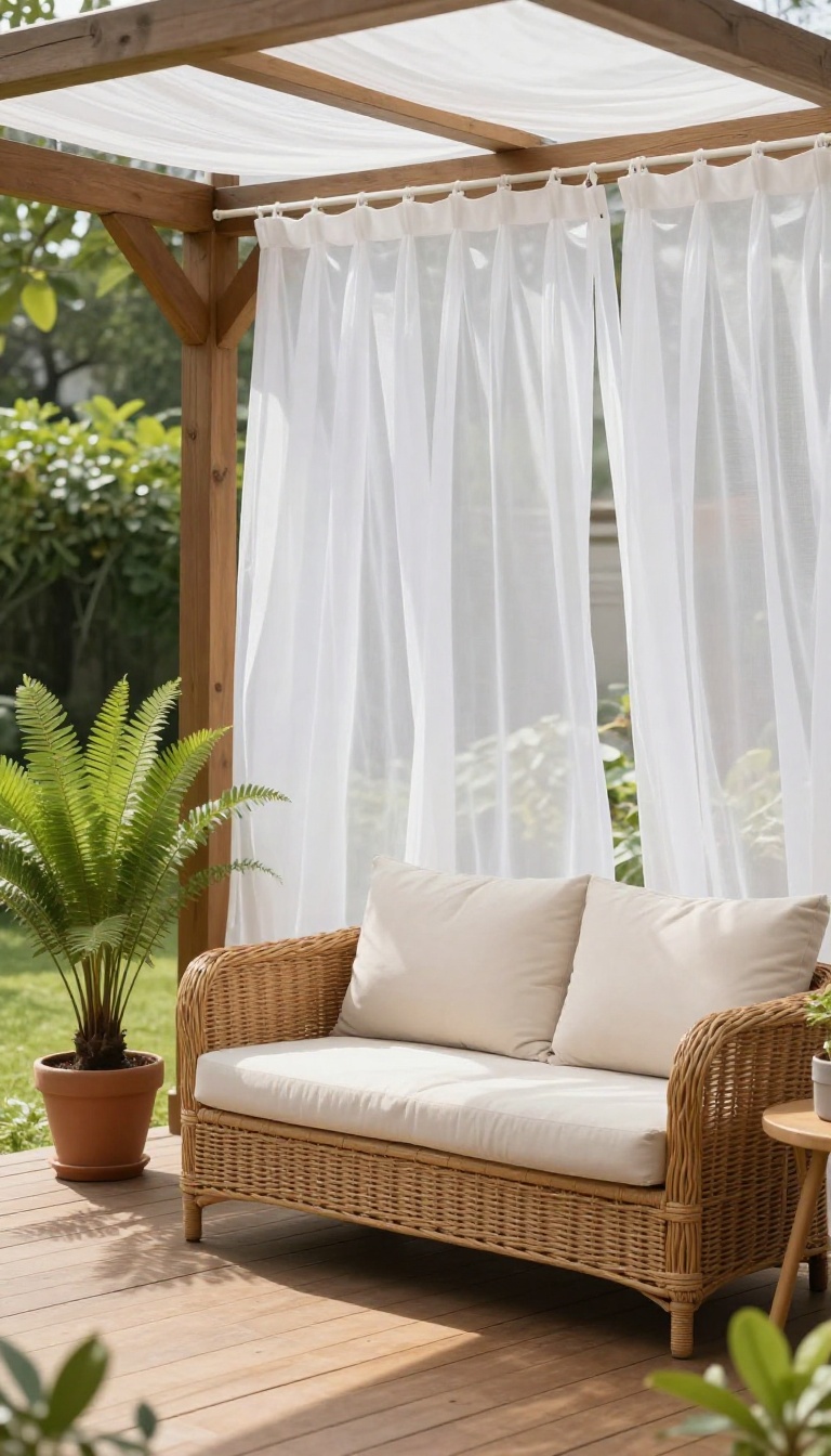 Cozy patio with a wooden pergola and sheer white outdoor curtains providing shade and privacy, with comfortable wicker furniture and lush greenery.