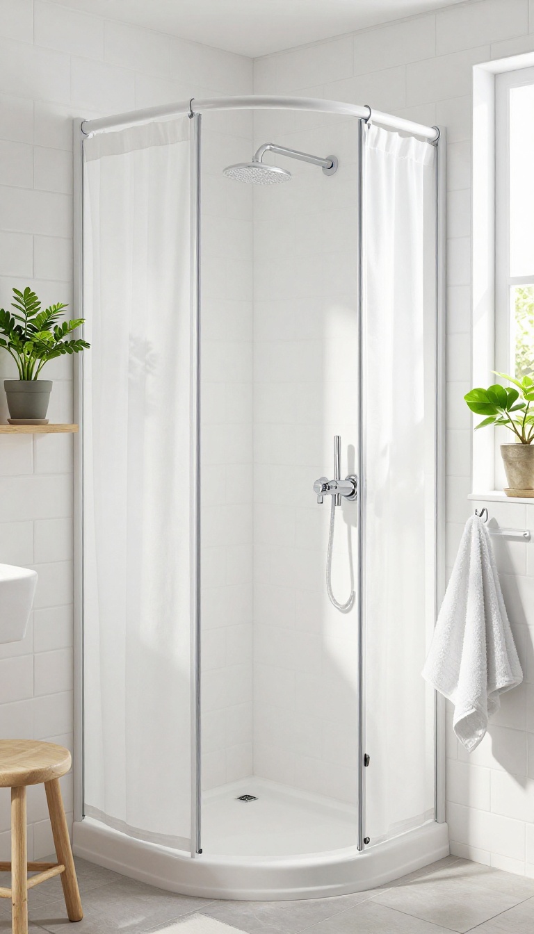 Bright bathroom with a curved shower rod and white liner, no glass door