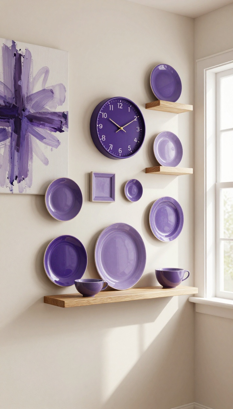 Purple wall art and decor in a bright kitchen, including abstract canvas, purple clock, and ceramic plates on shelves.
