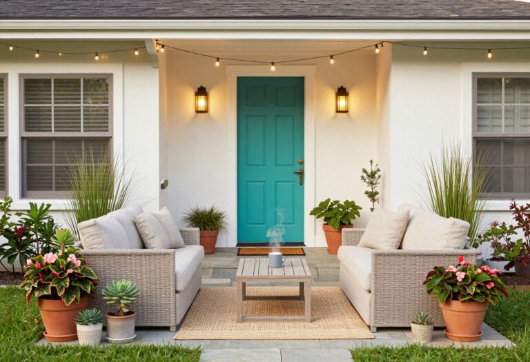 Cozy front yard patio with seating, plants, and string lights