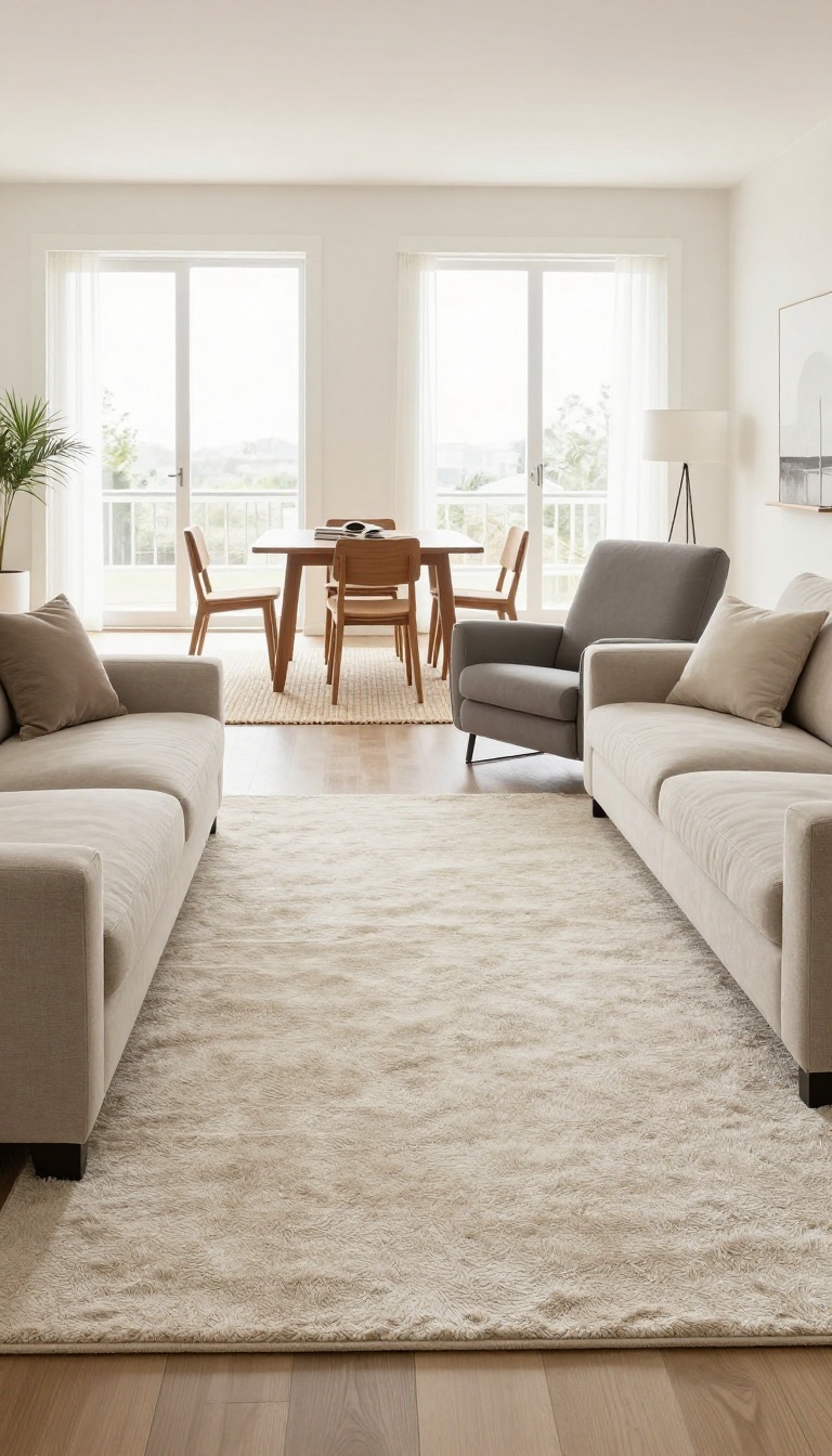Modern luxury living room with area rugs defining distinct zones for seating, dining, and reading, in bright natural light