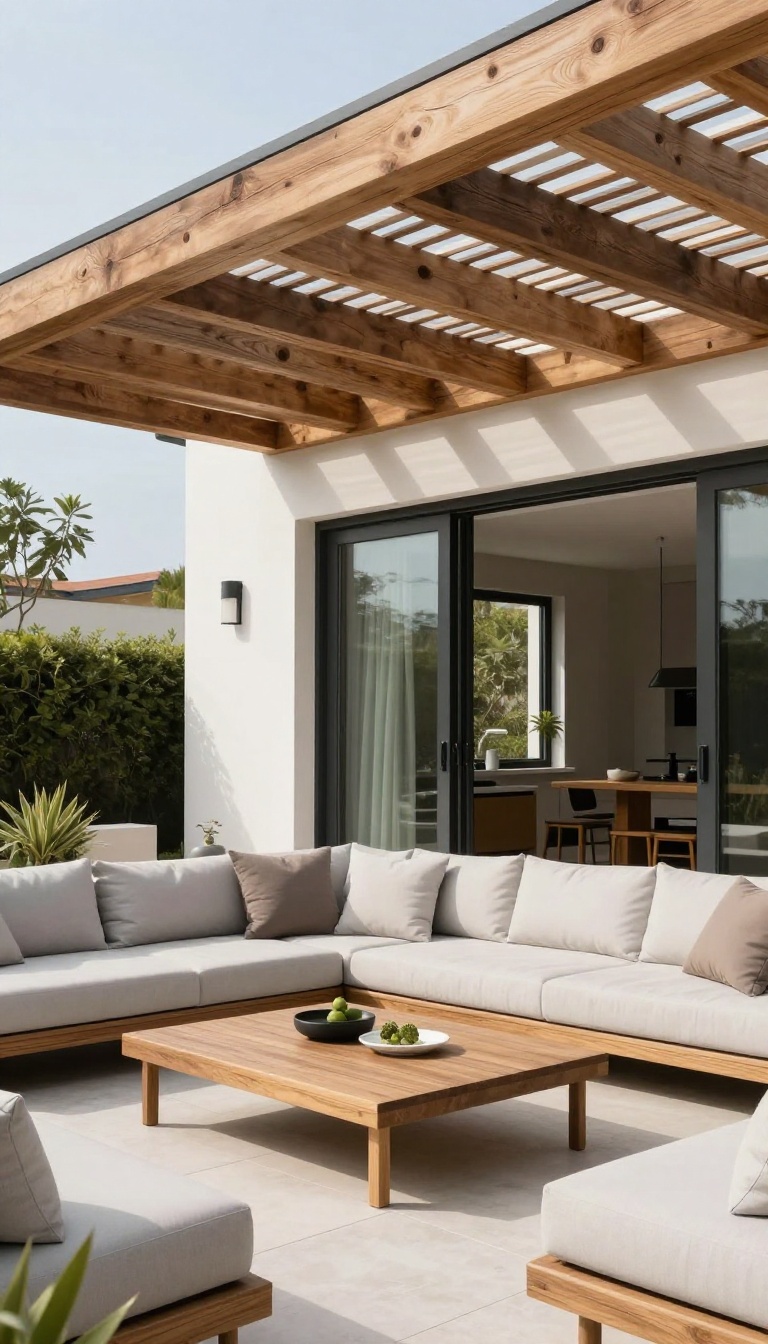 Attached pergola extending from home's roofline over a patio with outdoor furniture and open glass doors.