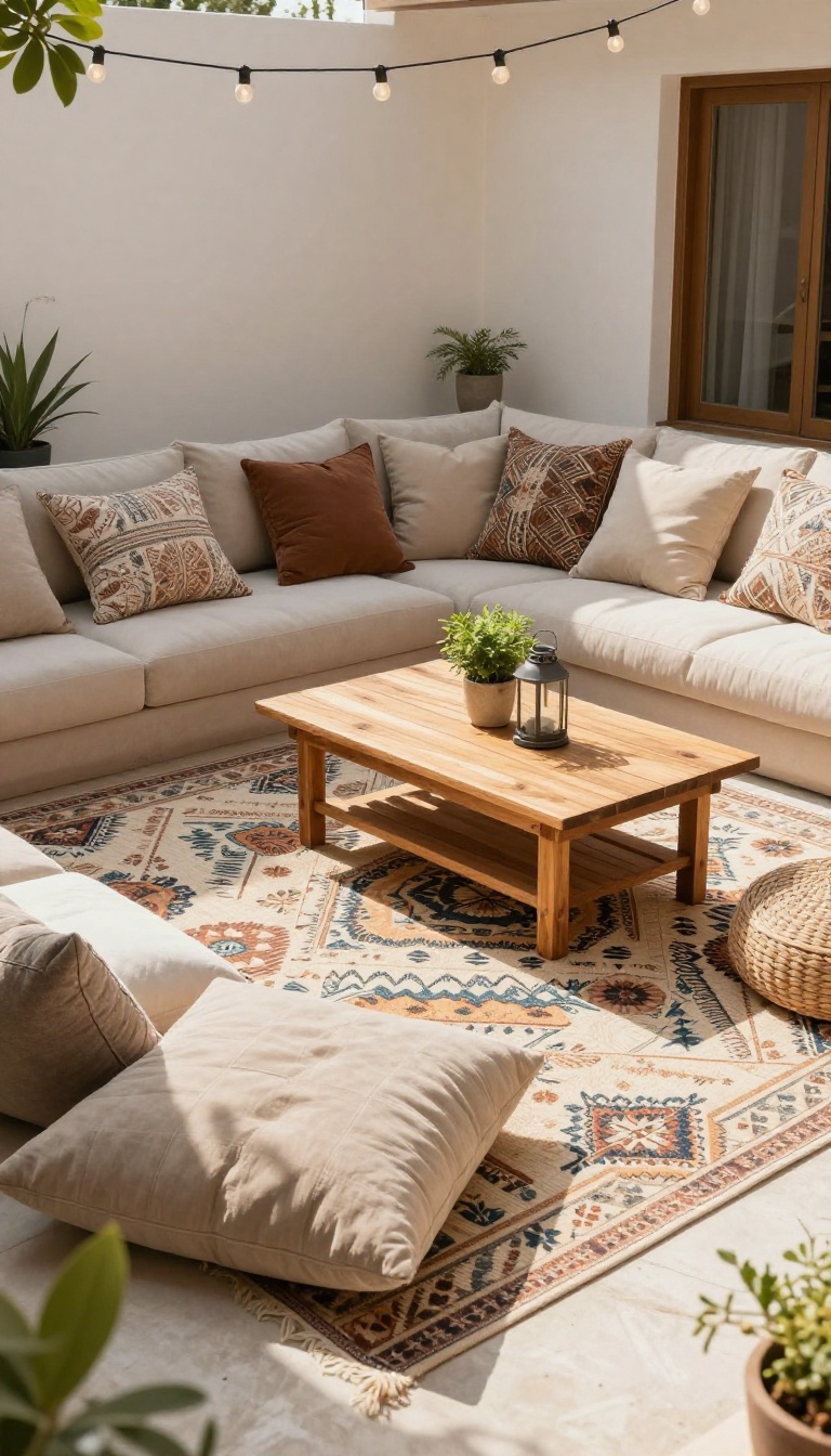 Cozy boho corner patio with outdoor rug, floor cushions, low table, and lanterns