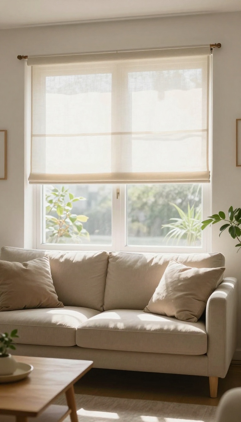 Living room with sheer shades letting in soft, diffused natural light