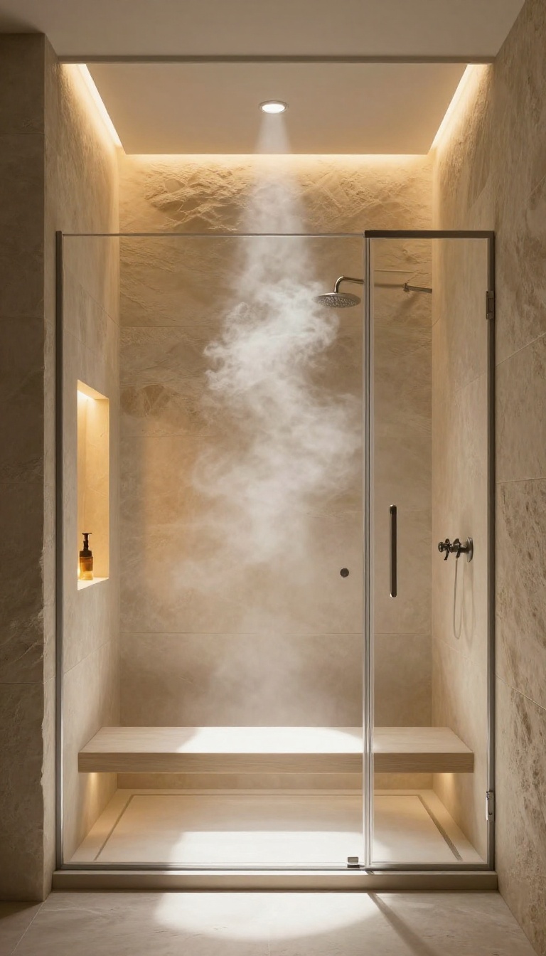 Walk-in shower with warm accent lighting and backlit niche for a calming spa ambiance.