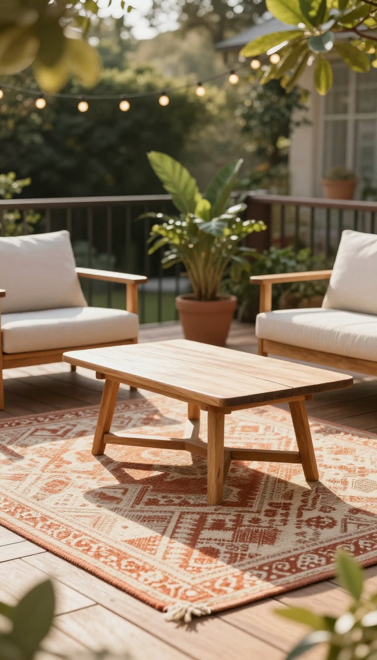 Cozy patio with an outdoor rug tying together seating area, warm evening light