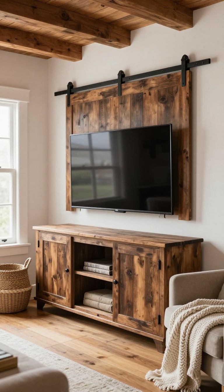 Rustic barn door TV stand in a cozy farmhouse living room with exposed beams and natural light