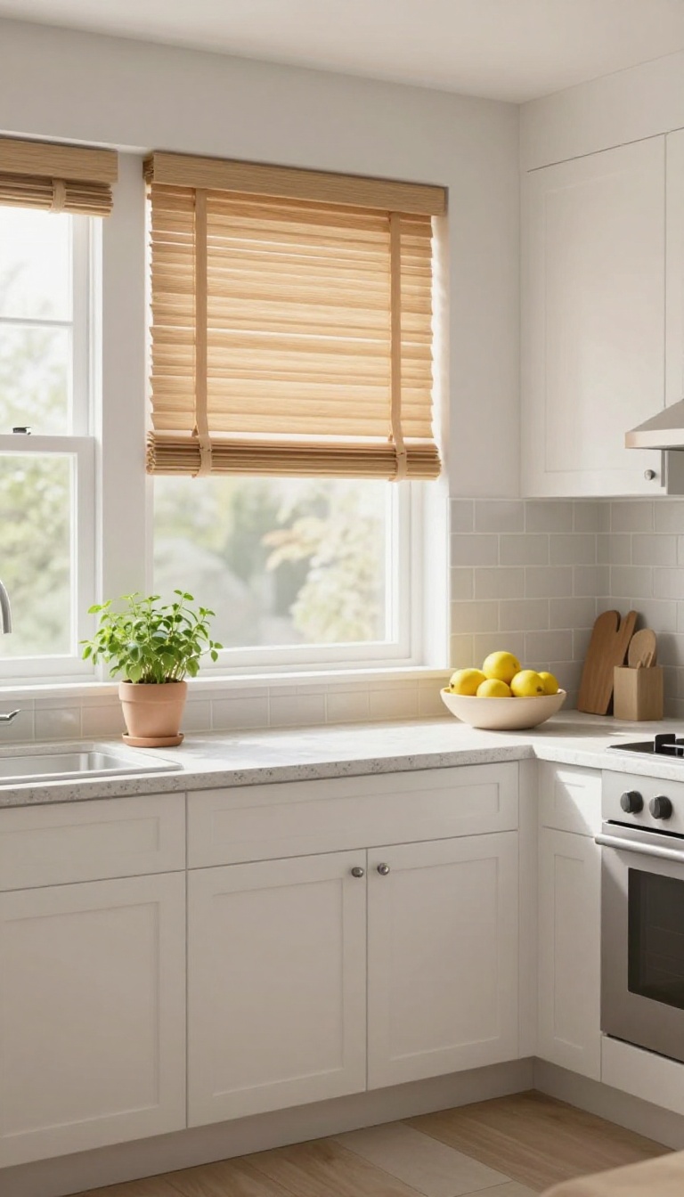 Modern kitchen with light oak faux wood blinds above the sink, bright and clean.