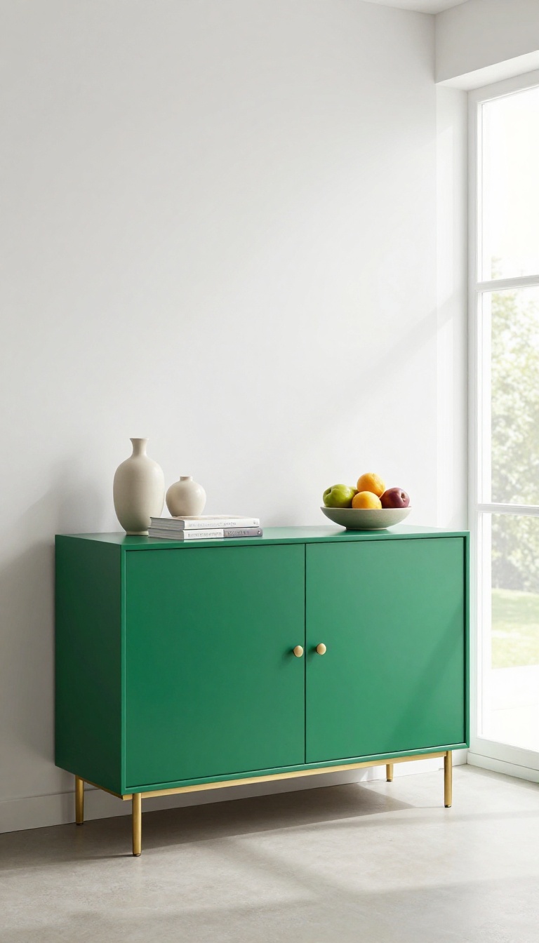 Bold emerald green sideboard in a neutral kitchen with brass hardware and simple decor